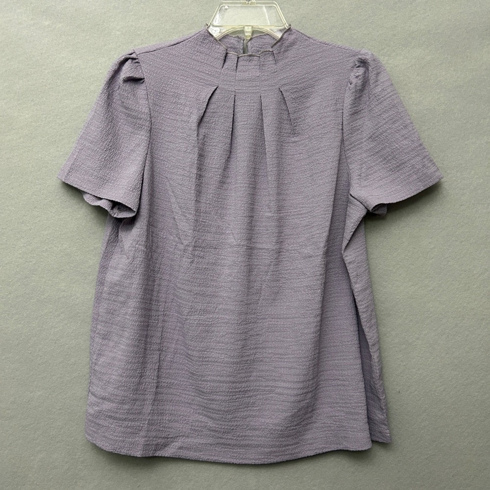 SHEIN Women XL Blouse Purple Textured Pleated High Neck Short Sleeve Puff Top